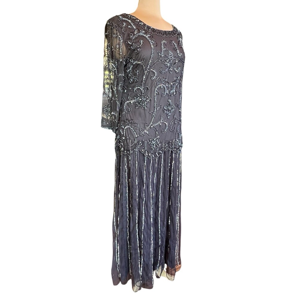Pisarro Nights Heavily Beaded Mesh Maxi Dress SZ 14 Gatsby Formal Evening Gown - Picture 2 of 16